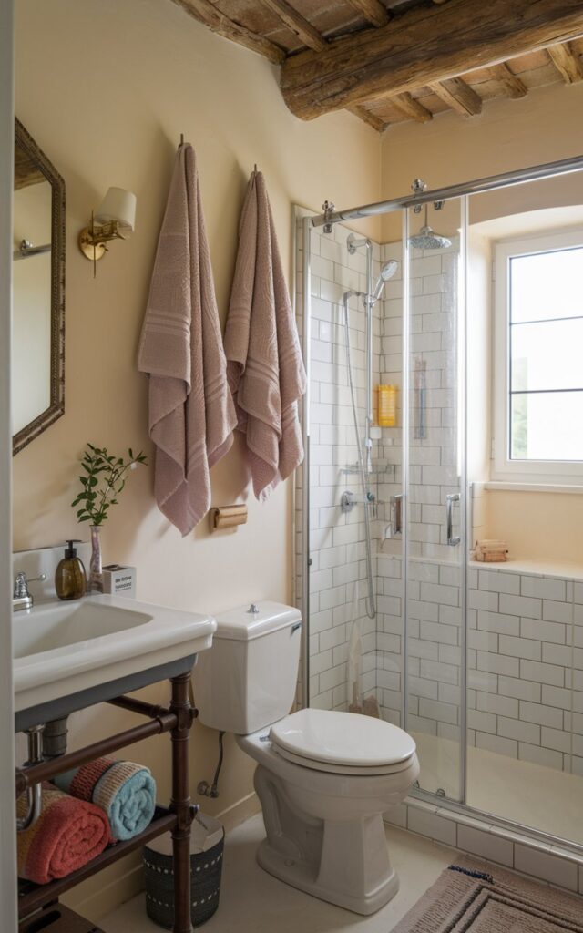 A photo of a French countryside bathroom with a toilet, sink, and a separate glass-door shower area. Hanging on the wall are a few plush, oversized towels. The bathroom has a hotel-like vibe, with all essentials ready-to-use. The space has a refreshing and warm ambiance.