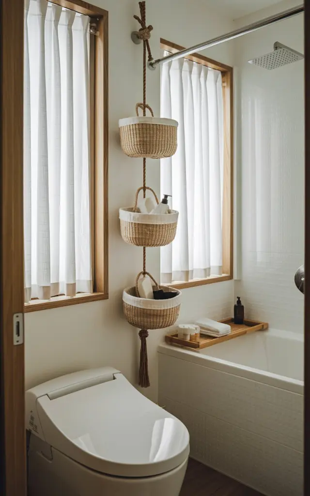 A photo of a modern Asian Zen style tiny bathroom with a toilet, a bathtub, and a shower. There are a few woven baskets hanging vertically on a rope against the wall. The baskets contain toiletries like soap, shampoo, and towels. The room has a wooden shelf near the bathtub. The light is filtered through curtained windows. The floor is made of wood.