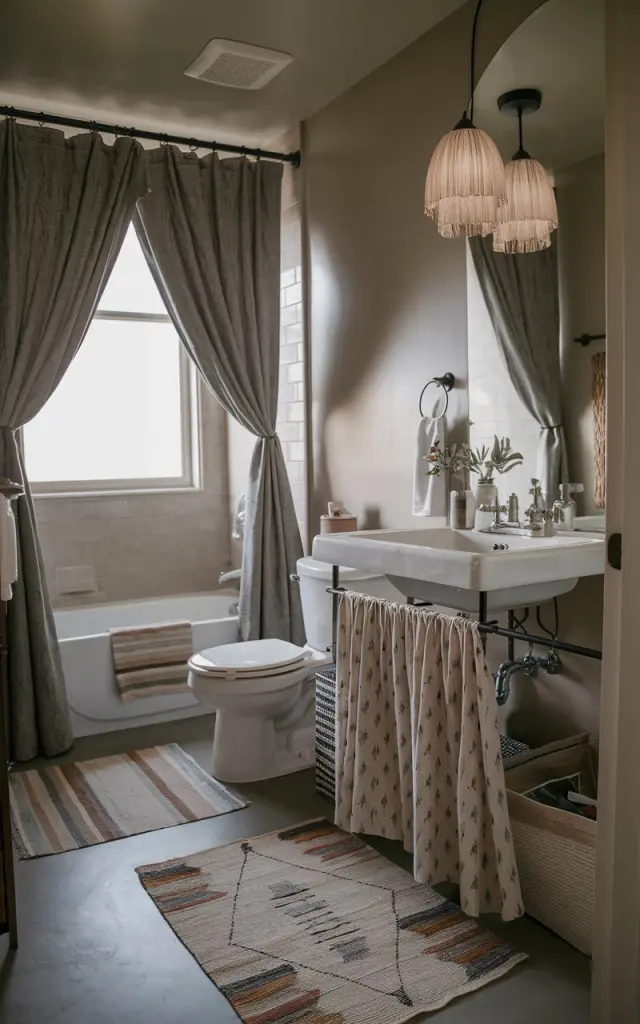 A photo of a modern Boho bathroom with a pedestal sink. There are a few storage baskets hidden under the sink, covered by a fabric curtain. The bathroom has a toilet, a bathtub, and a vanity. There is a Boho rug on the floor. The room has thick curtains on the windows, allowing only mild light. A Boho pendant light illuminates the room.