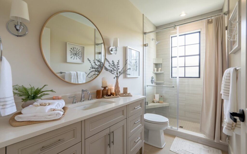 A modern guest bathroom with soft natural lighting and neutral tones of beige, white, and soft gray. The bathroom features elegant fixtures, a stylish vanity with a round mirror, neatly folded towels, decor, and small plants or candles for a welcoming touch. The bathroom also has a toilet and a separate shower area with a glass door and curtained window. The bathroom has a clean and cozy aesthetic, suitable for a magazine feature.