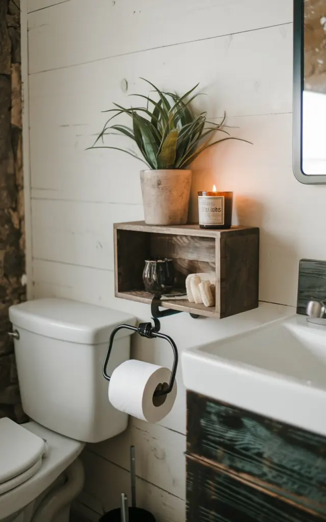A photo of a modern rustic bathroom with a polished black trim toilet paper holder. The holder has a paper roll and is attached to a small open wooden shelf. The shelf has a faux plant and a candle. The bathroom also has a toilet and a sink.