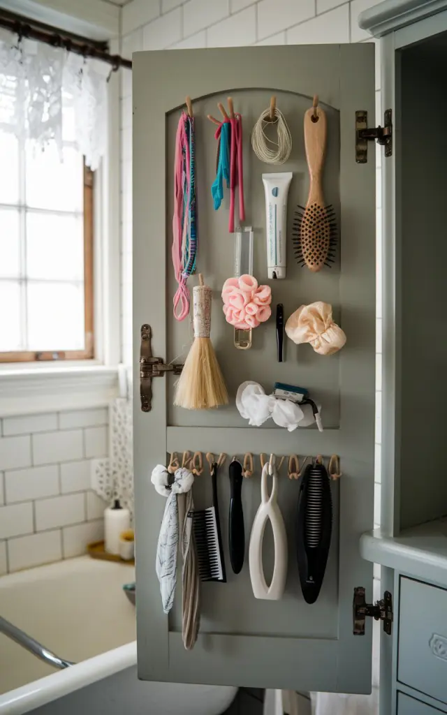 A photo of the inside of a Gustavian style vanity cabinet door. There are numerous hair accessories and grooming tools attached to the door. There are hair ties, loofahs, brushes, and face razors. These items are attached to adhesive hooks. The vanity is inside a small bathroom with a white bathtub and a window with a curtain.