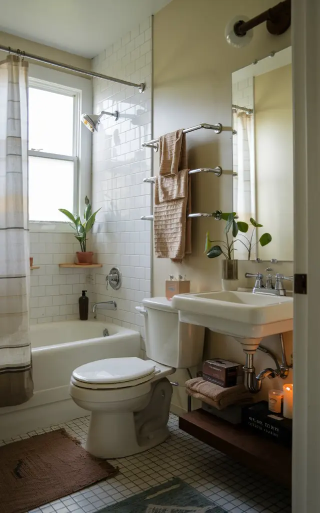 A photo of a small Mid-century modern bathroom with a toilet, sink, and bathtub. There are two towel bars stacked vertically, with towels hanging on them. The floor has a rug. The window has curtains. The room has a few decorative items, such as a plant and a candle. The lighting is soft.