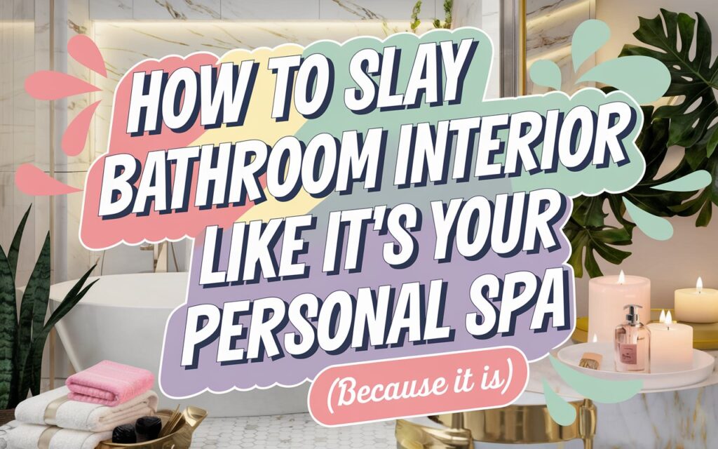"How to Slay Your Bathroom Interior Like It’s Your Personal Spa (Because It Is)" is styled in thick, handwritten typography with bold, vibrant colored outlines that contrast against the background to ensure readability and grab the viewer's attention. The typography features lively flourishes, playful splashes of pastel hues like coral, mint green, and soft lavender, and a dynamic layout with varying word sizes and smooth curves to create a sense of movement and excitement. Around the text, photo-quality elements such as a bathing tub, scented candles, chic towels, a LED backlit mirror, and lush plants are arranged to enhance the design’s visual interest. The background features a cozy, stylish bathroom scene with elements like marble accents, gold finish, and soft lighting, evoking a fun, inspirational vibe that encourages readers to start their own bathroom makeover.