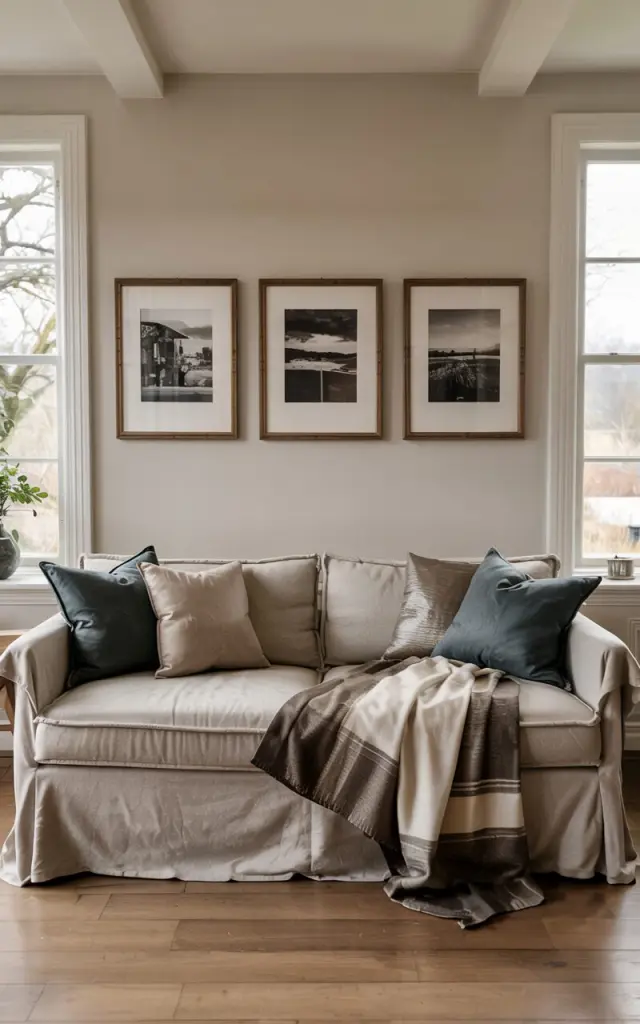a beautiful, well-designed minimalist craftsman-style living room with three pictures hung in a straight line on a wall above a cozy couch with blankets and pillows. Natural light pouring in.