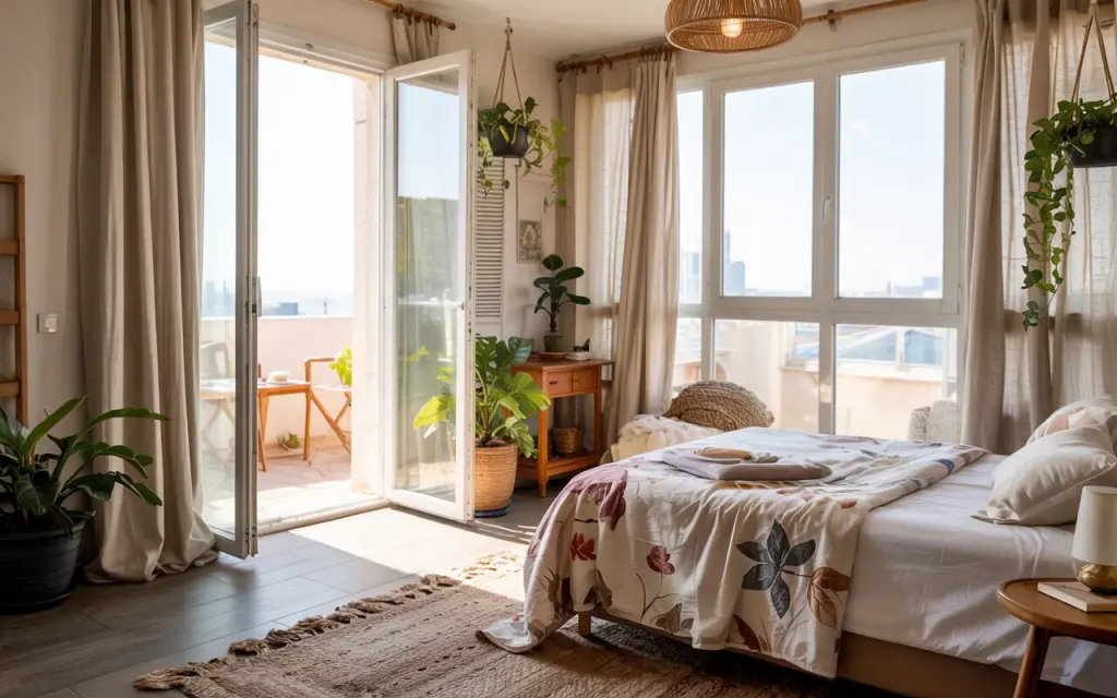 a boho bedroom apartment with balcony having skyview and glass windows having linen curtains, breezy vibe