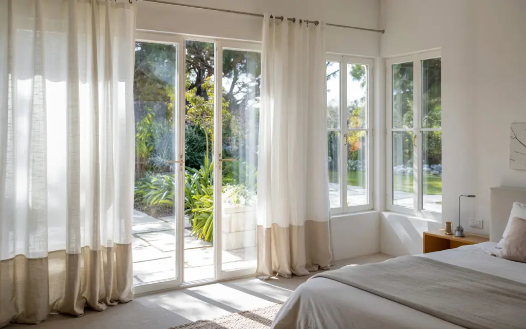 a modern scandi bedroom with sheer curtains 