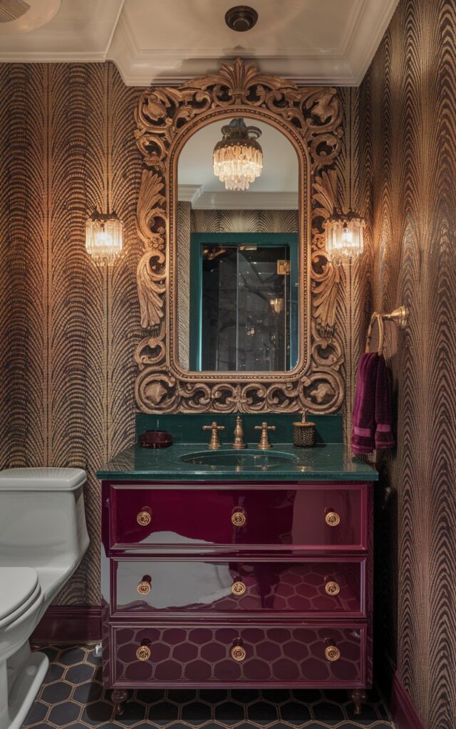A photo of a 70s regal-inspired bathroom with a grand, ornate mirror with an intricately carved gold frame. The mirror hangs above a glossy lacquered vanity in deep emerald or burgundy, accented with brass fixtures. The walls are covered in bold patterned wallpaper with metallic touches, and plush velvet accessories add luxe texture. The space exudes vintage glamour and royal drama with a distinctly retro edge. The bathroom has a ceiling pendant light (Warm light on), a toilet, a shower area, etc.
