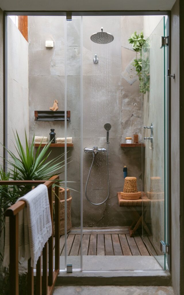 A photo of a Balinese-style bathroom with a rainfall showerhead. The shower area is enclosed within a glass door and is filled with essential items and accessories. There's a plant and a wooden shelf outside the shower area. The floor and walls are made of stone. A towel is draped over a railing near the entrance.