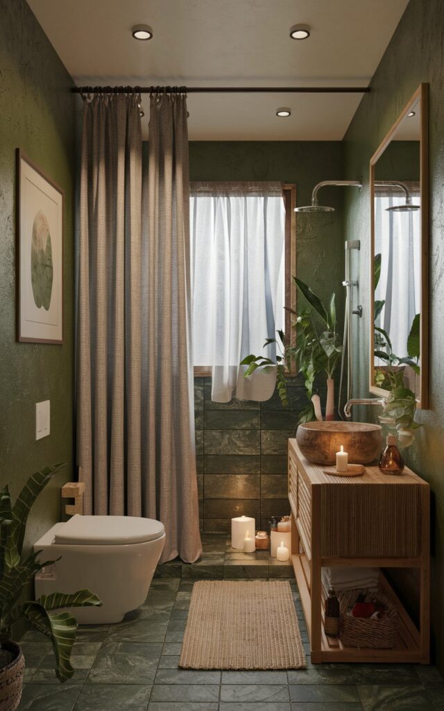 A cottagecore-style Balinese bathroom with a textured forest green wall. The bathroom contains a toilet, a curtained shower area, a sheer curtain window, a vanity with essential items, a floor rug, eco-friendly tiles and a rug, ceramic or stone accessories, a few scented candles, and some plants. The space has dimmable lights. There is also a framed art piece on the wall.