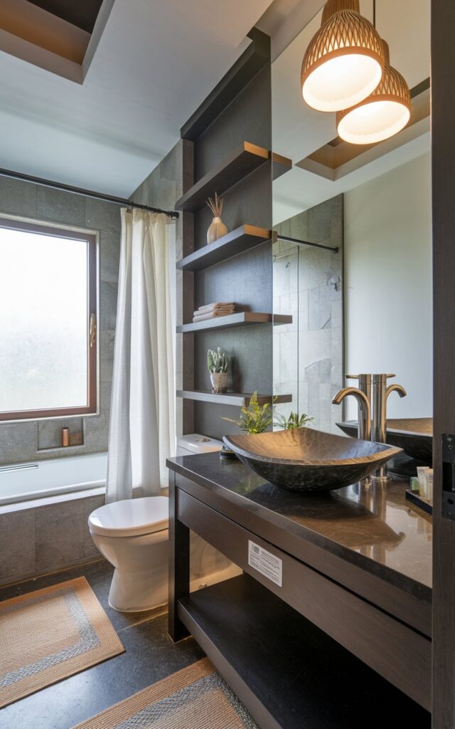 A photo of a modern Balinese bathroom with a vanity featuring a designed vessel sink. The vanity is fully furnished and includes a mirror. The bathroom contains a toilet, a bathtub, a curtained window, shelves, a floor rug, and a ceiling pendant light that is on. The photo focuses on a closer view of the vessel sink.