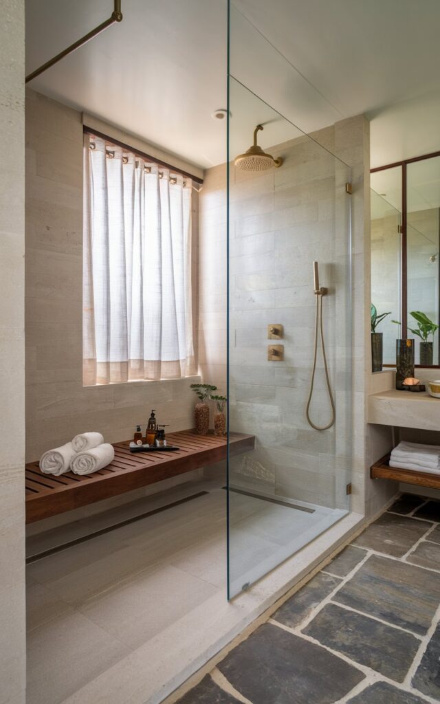 A photo of a Balinese modern bathroom with a wooden shower bench seamlessly integrated into a walk-in shower. The space features large-format neutral tiles, a frameless glass enclosure, brass fixtures, a curtained window, and a stone-like floor. There are rolled towels and oils on the wooden shower bench. The bathroom has a dry area with a vanity and a plant. The overall space has soft lighting and minimal decor, creating a spa-like vibe.