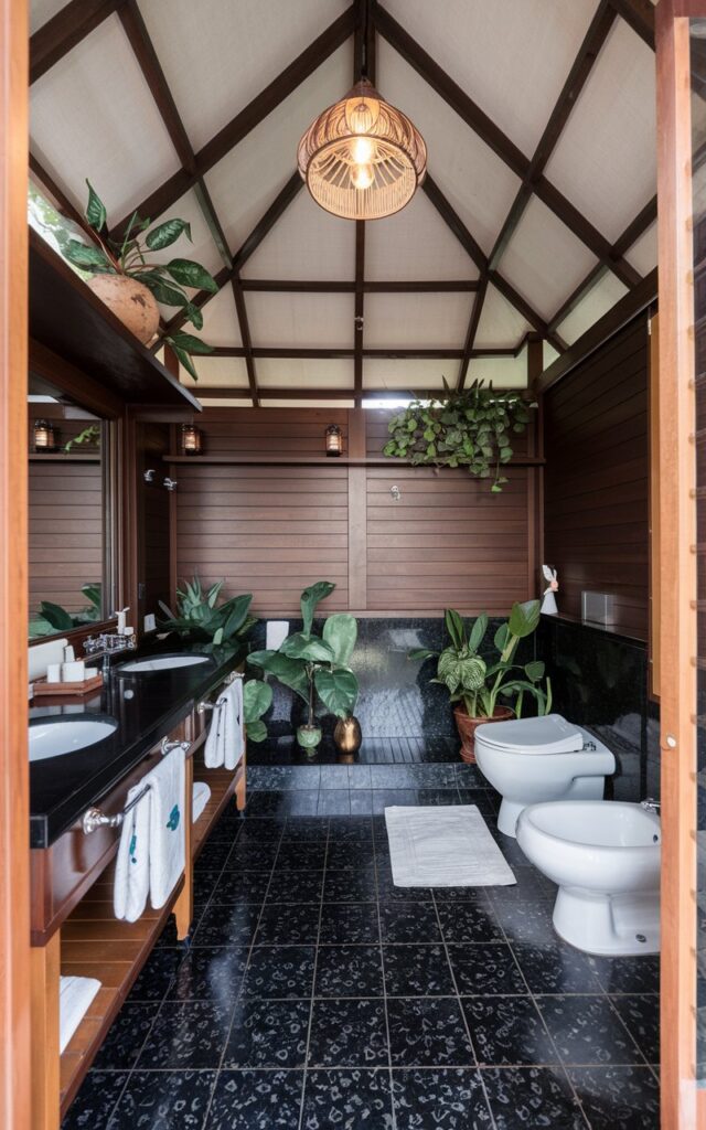 A photo of a Balinese-style bathroom with black terrazzo flooring. The bathroom is fully furnished with functional elements and accessories. The space gives luxe, spa vibes. The ceiling has a pendant light, which is lit. Natural light is filtered and soft. The walls are made of wood, and there is a wooden shelf near the ceiling. There is a plant in a pot on the shelf. The bathroom has a double vanity with black countertops and white sinks. There is a toilet and a bidet in a separate area. The floor has a white area rug near the toilet. There is a towel bar near the vanity. The room has a few potted plants.