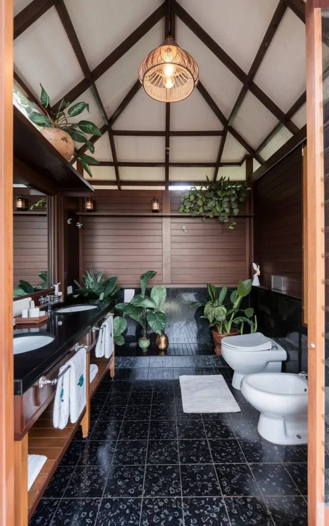 A photo of a Balinese-style bathroom with black terrazzo flooring. The bathroom is fully furnished with functional elements and accessories. The space gives luxe, spa vibes. The ceiling has a pendant light, which is lit. Natural light is filtered and soft. The walls are made of wood, and there is a wooden shelf near the ceiling. There is a plant in a pot on the shelf. The bathroom has a double vanity with black countertops and white sinks. There is a toilet and a bidet in a separate area. The floor has a white area rug near the toilet. There is a towel bar near the vanity. The room has a few potted plants.