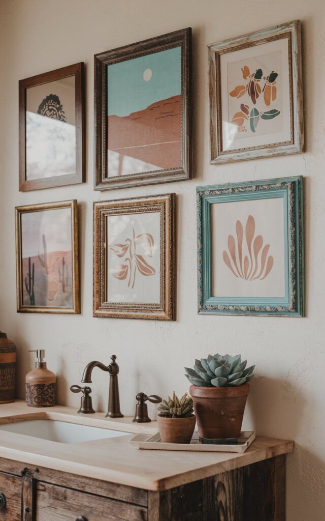 A photo of a boho + Southwestern bathroom with a fully furnished vanity. The wall beside the vanity has 2-4 mismatched vintage artwork — desert landscapes, abstract prints, and folk illustrations in warm tones like rust, ochre, and turquoise. Frames vary in wood, brass, and distressed finishes. The wall sits beside a wooden vanity with a succulent and terracotta accents. Natural light is soft, ambient.
