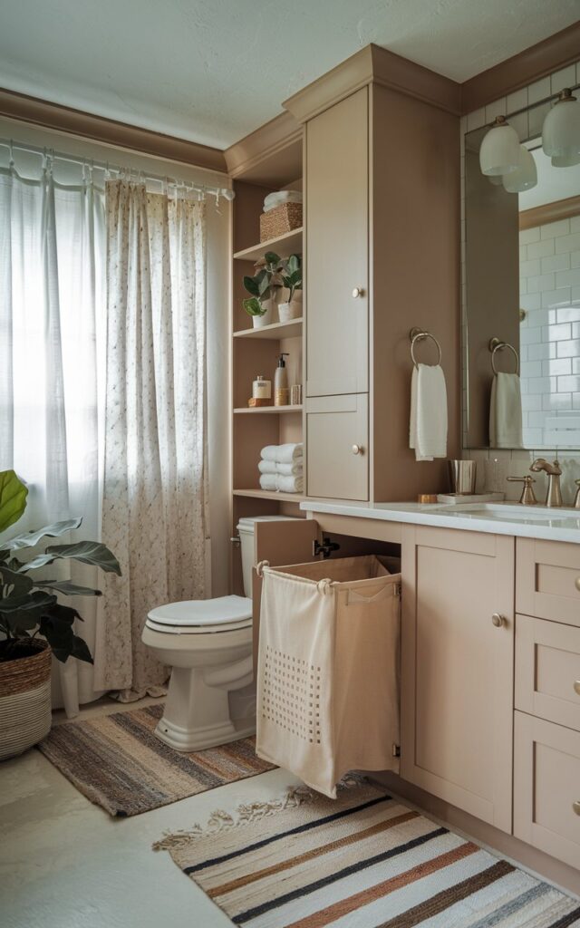 A photo of a boho-style bathroom with a cabinet that has an in-built laundry hamper. The bathroom features a toilet, a vanity with a sink, a curtained window, a floor rug, and open shelves. There is also a potted plant near the cabinet. The room has a mild, soft natural light.