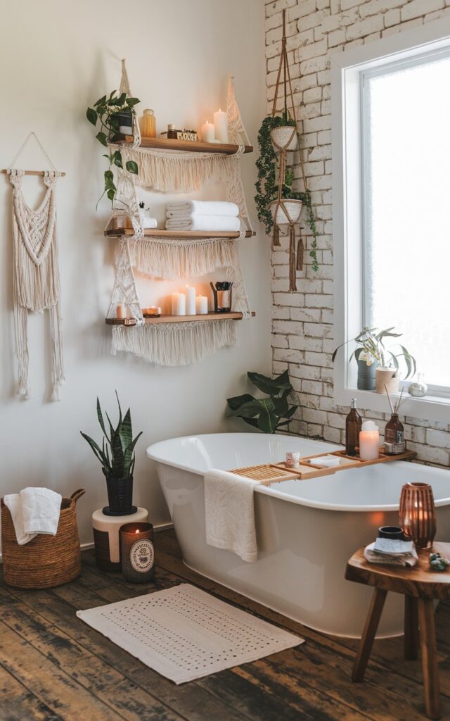 A photo of a boho-style bathroom with a white bathtub and a rustic wooden floor. There are macrame floating shelves above the tub, holding white towels, candles, and decorative items. The walls have exposed bricks and a few hanging plants. There are also a few items on the floor, such as a basket and a wooden stool. The room is well-lit with natural light pouring in through a window.