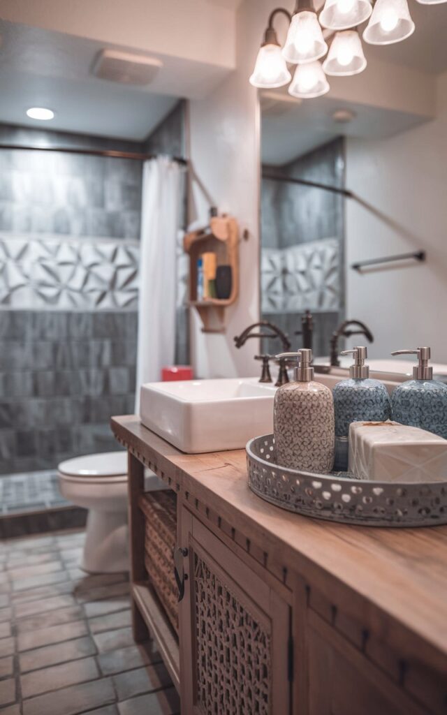 A boho bathroom with a vanity having matching color dispensers and a decorative tray with essentials. The vanity has a white sink and a wooden counter. There is a toilet near the vanity. The floor is tiled. There is a shower area with a curtain. The bathroom has dimmable lights. The image focuses on the counter.
