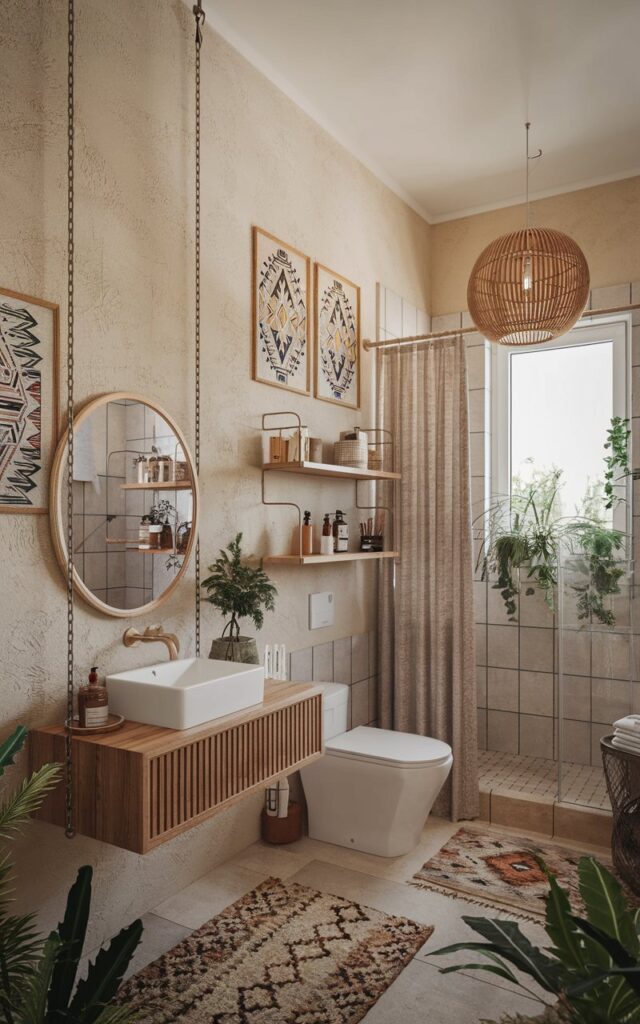 A boho-style bathroom with a suspended wall-mounted vanity containing essential items. The walls are textured beige and feature tribal art paintings. There are open shelves above the toilet, holding essential items. The bathroom is fully furnished with a toilet, shower area, and a curtained window. There is a floor rug and a Boho-inspired pendant light. The space is clutter-free and inspiring. Some plants are placed in the bathroom.