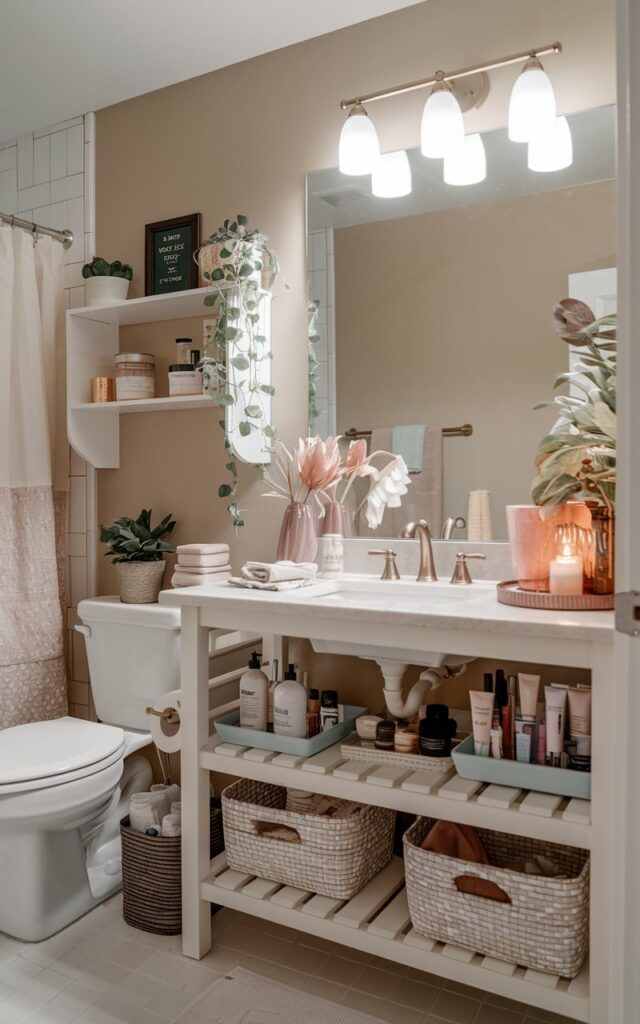 A photo of a boho-style small bathroom vanity with toiletries, skincare, and haircare items organized neatly in stylish jars, cute baskets, and decorative trays. The vanity has dimmable lights and a mirror. The bathroom also has a toilet and a shower area. The walls are painted beige. There are plants, candles, and a towel near the vanity. The floor is tiled.