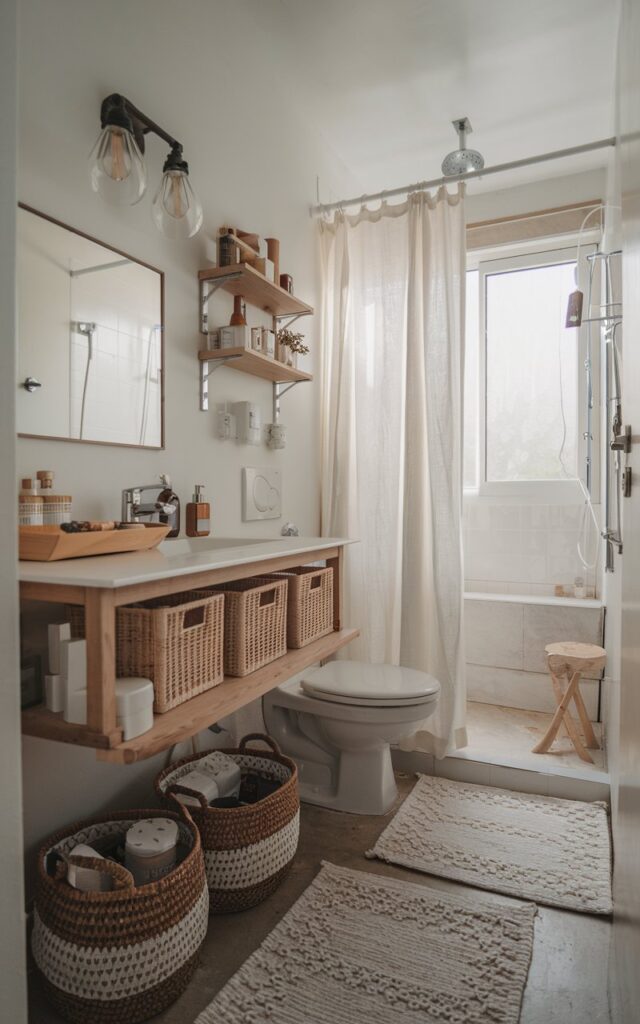 A photo of a small, tiny boho-style bathroom with a wall-mounted vanity containing essential items. There are a few baskets filled with toiletries placed beneath the vanity. The bathroom is fully furnished with a toilet, a shower area, a curtained window, and a floor rug. The lighting is soft and natural.