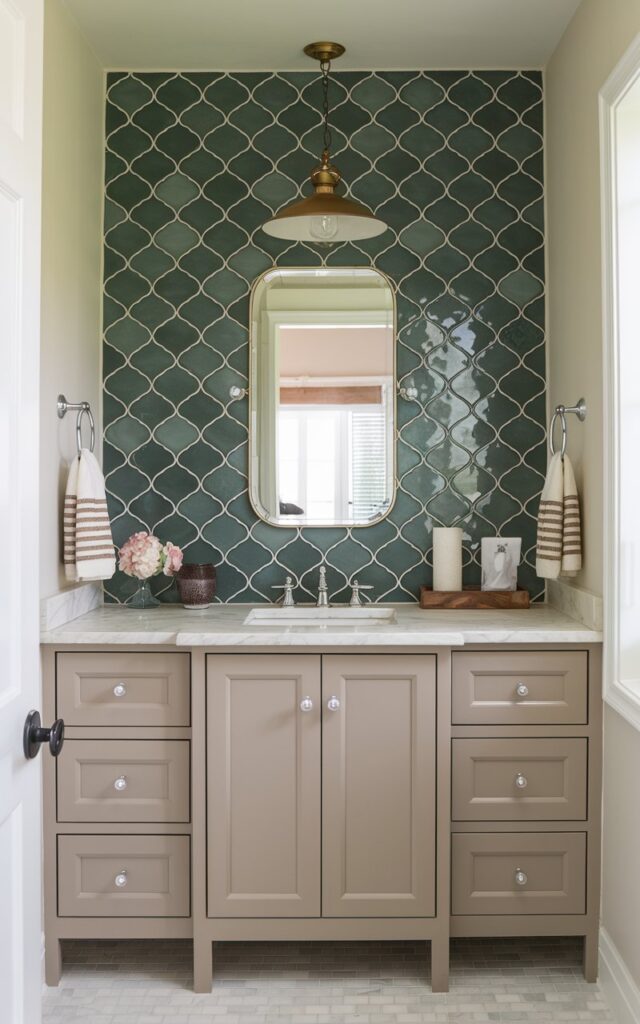 A boho style bathroom with a neutral tone and a vanity with a backsplash featuring a deep green tile wall in a geometric pattern. The space has a beautiful pendant light on, and the natural light is soft and ambient.