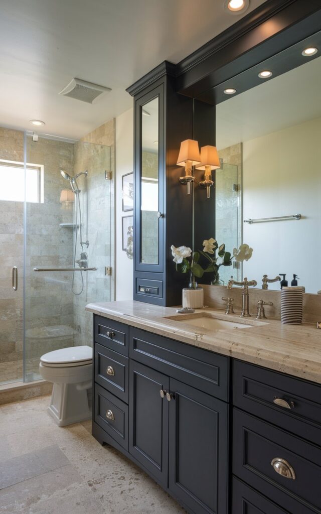 A photo of a California coastal-style bathroom with a black cabinetry and a travertine stone countertop. The countertop has wood accents. The bathroom is fully furnished with functional elements and accessories, including a sink, a mirror, and a toilet. There is also a shower in the bathroom. The ceiling has a recessed light with LED lights.