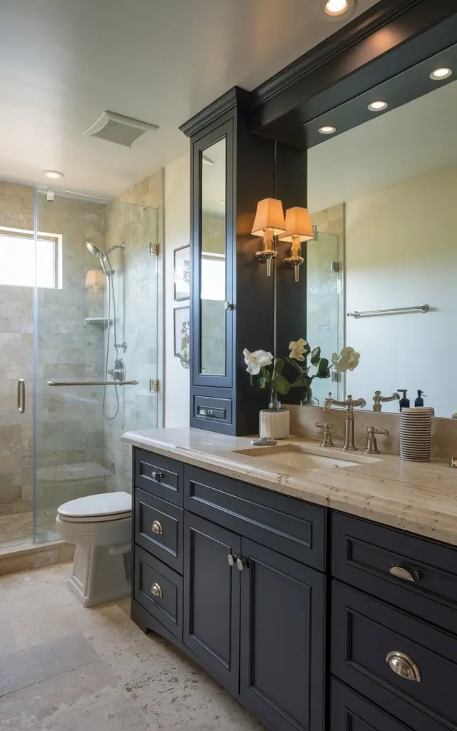 A photo of a California coastal-style bathroom with a black cabinetry and a travertine stone countertop. The countertop has wood accents. The bathroom is fully furnished with functional elements and accessories, including a sink, a mirror, and a toilet. There is also a shower in the bathroom. The ceiling has a recessed light with LED lights.