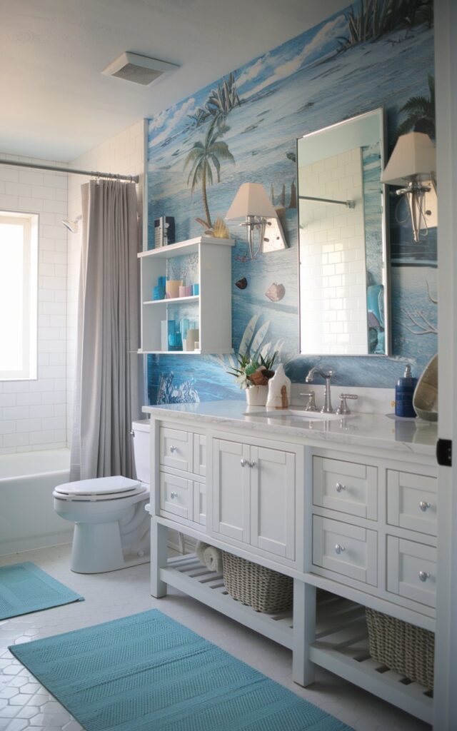 A photo of a coastal + Palm beach style bathroom with a bright ocean-themed wallpaper behind the vanity. The vanity is fully furnished with essentials and lighting. The bathroom has a toilet, bathtub, curtained window, floor rug, shelves, etc. Morning natural light is even. The focus is on the wallpaper.