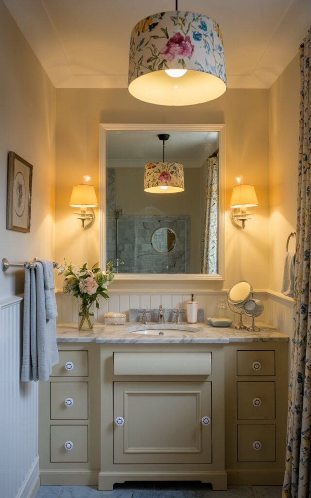 A photo of a fully furnished English countryside bathroom with a floral pendant light, task lighting around the mirror, and a soft ambient lamp on the vanity. The room has a warm yellow light, mild white light, and a light on the vanity. There is no natural light in the bathroom.