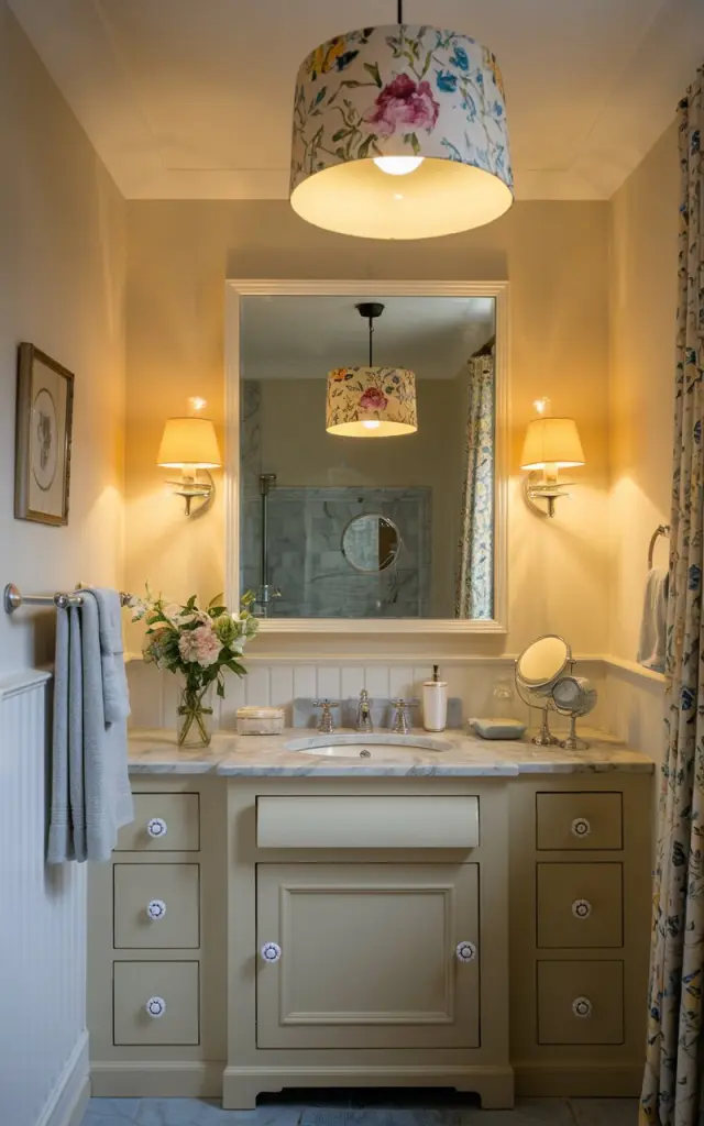 A photo of a fully furnished English countryside bathroom with a floral pendant light, task lighting around the mirror, and a soft ambient lamp on the vanity. The room has a warm yellow light, mild white light, and a light on the vanity. There is no natural light in the bathroom.