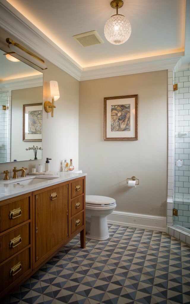 A photo of a French country bathroom with mid-century elements. There is a teak vanity with brass handles, a framed art piece on the wall, and geometric floor tiles. The bathroom is fully furnished and well-decorated. There is a recessed ceiling with a crystal globe pendant light, which is on. The natural light is filtered and soft.