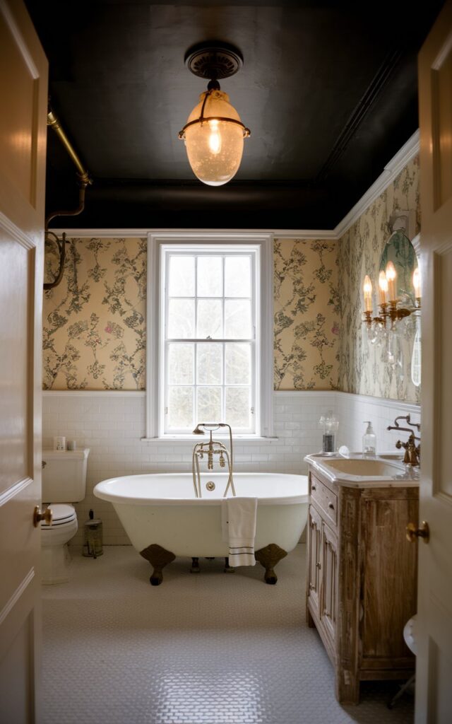 A photo of a French country bathroom with a painted black ceiling and a vintage pendant light. The light is warm and casts a soft glow over the space. The bathroom features vintage-inspired fixtures, a white clawfoot tub, a distressed wood vanity, and floral wallpaper. Brass accents and soft lighting balance the bold ceiling with timeless elegance.