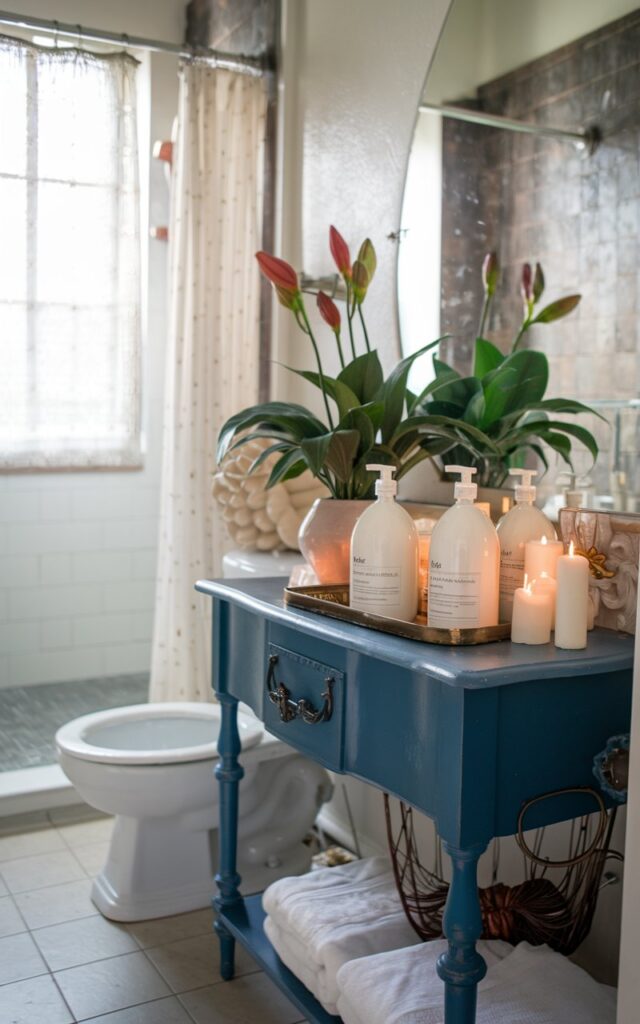 A photo of a French country bathroom with a stylish vanity. The vanity holds skincare products, including body lotion in glass bottles, a red peace lily, a faux plant, and a few candles. The vanity is contrasting to the rest of the room, which contains a toilet and a shower area. The floor is tiled, and there is a window with a curtain.
