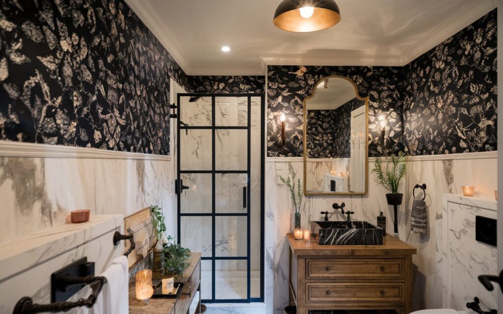 A photo of a French country bathroom with black floral wallpaper on the upper half of the wall. There is a wooden vanity with a marble veined sink and a black faucet. There is also a vintage mirror with a brass frame and wall sconces. The shower door has a black frame. The room has wood, brass, and marble accents. There are a few plants, candles, etc. in the space. The recessed ceiling has a bold pendant light that is lit. The natural light is soft. The bathroom is fully furnished with functional elements and accessories.