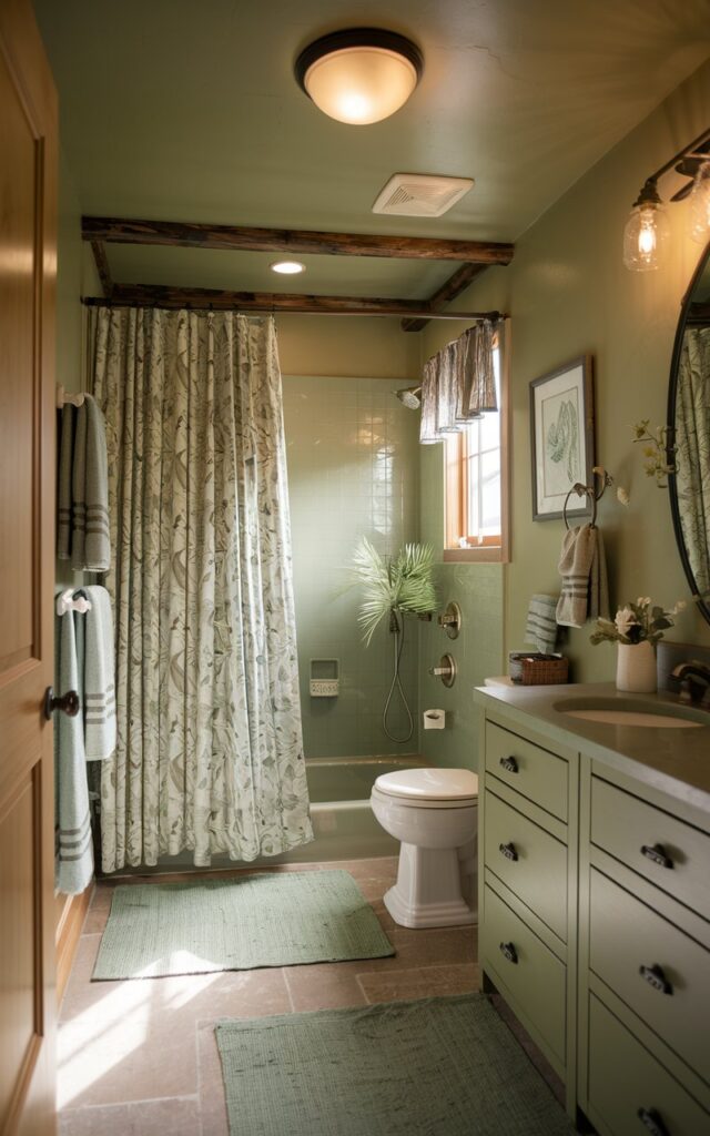A photo of a French country chic full bathroom with a green and earthy tone. The shower area has a botanical or leafy print shower curtain. The bathroom has wood accents, warm lighting, nature-inspired elements, and a calm and soothing atmosphere. It is well-decorated and has a toilet, vanity, shower area, curtained window, floor rug, and ceiling light. Natural light is soft and ambient.
