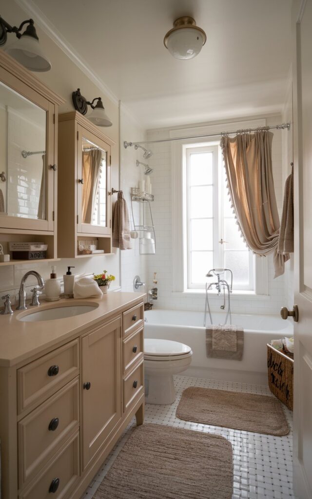 A photo of a French country-style small bathroom with a beige vanity, a bathtub, a toilet, and two mirrored cabinets above the vanity. There is a rug near the bathtub, and a ceiling light illuminates the space. A curtained window allows natural light to enter. The bathroom is well-decorated and neatly organized.
