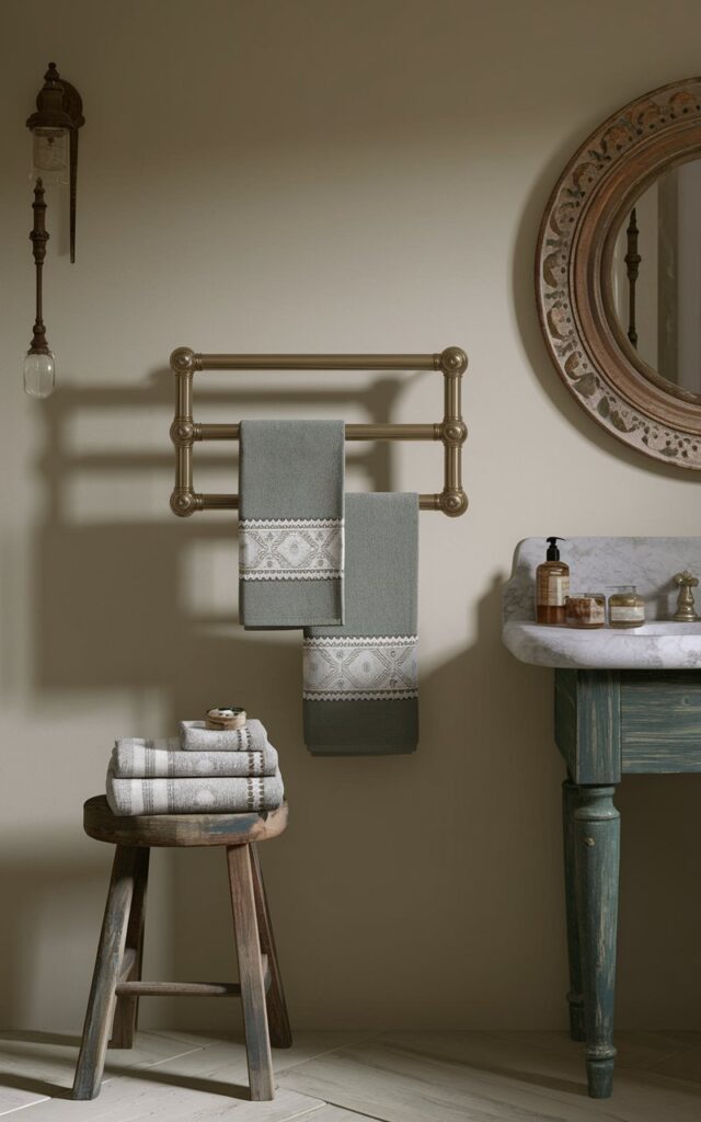A fully furnished French countryside bathroom with a beige wall. There is a brushed brass detailed towel bar on the wall. There are decorative towels hanging on the towel bar and folded on a wooden stool beside the wall. The bathroom has a vintage feel with its rustic elements, such as the wooden stool and the round mirror with a decorative frame.