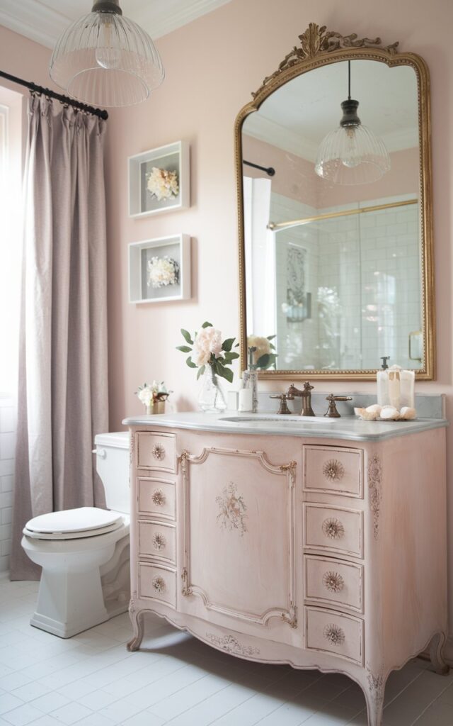 A photo of a French country–inspired bathroom with a vintage vanity painted in soft blush chalk paint. The vanity has delicate distressing for a timeworn effect and features ornate gold hardware. A gilded mirror with intricate carvings hangs above the vanity. There are subtle floral accents, a light linen curtain, and a modern pendant light chandelier in the space. The bathroom also contains a toilet and shower area. The natural light is soft and ambient.