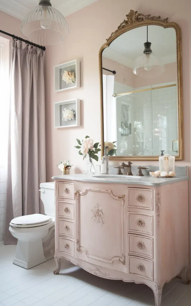 A photo of a French country–inspired bathroom with a vintage vanity painted in soft blush chalk paint. The vanity has delicate distressing for a timeworn effect and features ornate gold hardware. A gilded mirror with intricate carvings hangs above the vanity. There are subtle floral accents, a light linen curtain, and a modern pendant light chandelier in the space. The bathroom also contains a toilet and shower area. The natural light is soft and ambient.