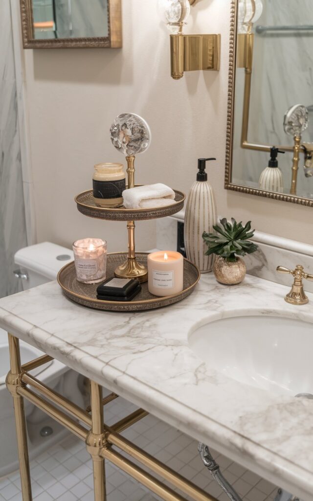 A glamorous bathroom with a marble vanity countertop. There's a tiered tray with essential items like a candle, soap, and a small plant. There's also a decorative item, like a vase, on the counter. The bathroom has a gold faucet and a mirror with a decorative frame. The floor is tiled.