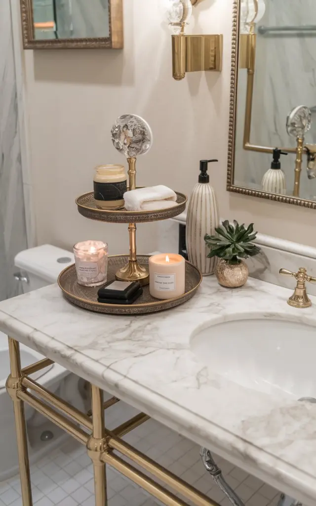 A glamorous bathroom with a marble vanity countertop. There's a tiered tray with essential items like a candle, soap, and a small plant. There's also a decorative item, like a vase, on the counter. The bathroom has a gold faucet and a mirror with a decorative frame. The floor is tiled.
