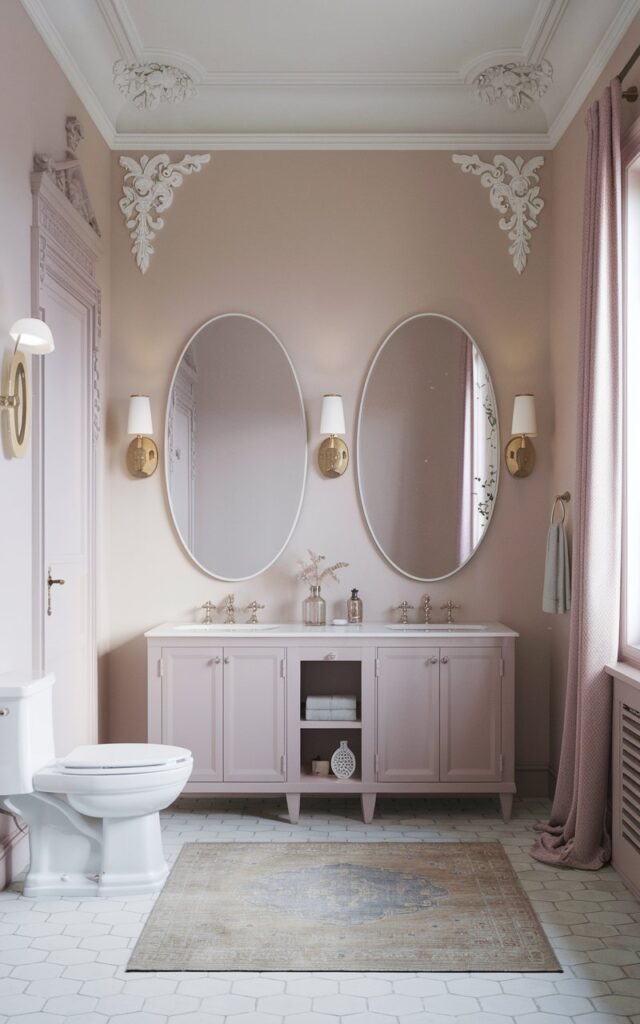 A photo of a Gustavian bathroom with a balanced and refined Scandinavian-inspired design. The room features two identical oval mirrors side by side above a matching double vanity. The walls are painted in soft pastel shades. Elegant moldings and brass sconces adorn the room. There is also a toilet, a curtained window, and a floor rug. The room is illuminated by soft, natural light.