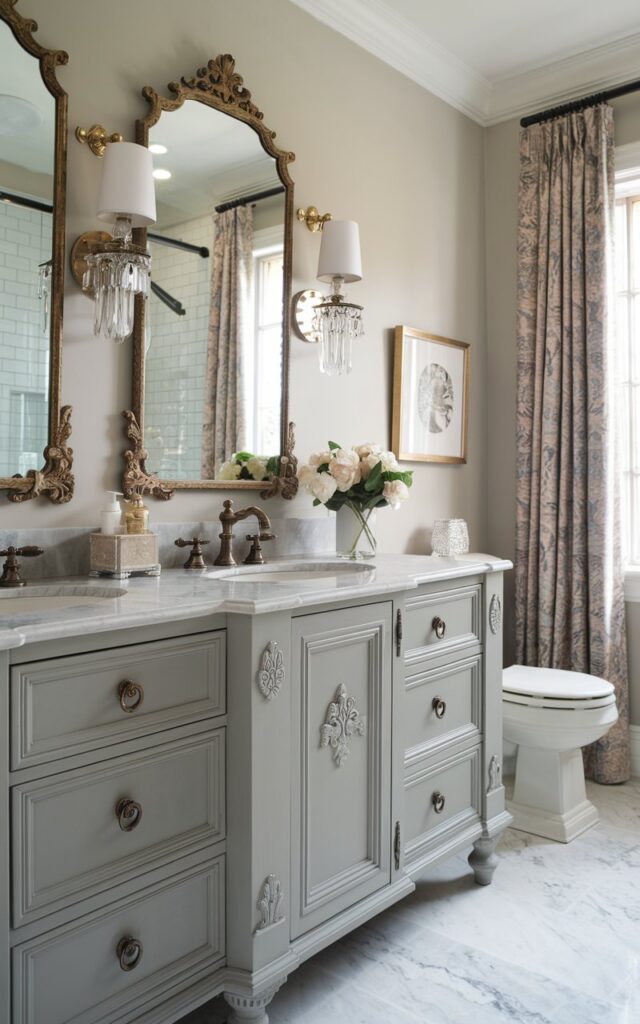 A photo of a Gustavian-glam bathroom with a soft gray vanity, delicate carved details, antique brass hardware, a polished quartz countertop in a subtle marble pattern, ornate mirrors with gilded frames, crystal sconces, a toilet, a shower area, and a curtained window.
