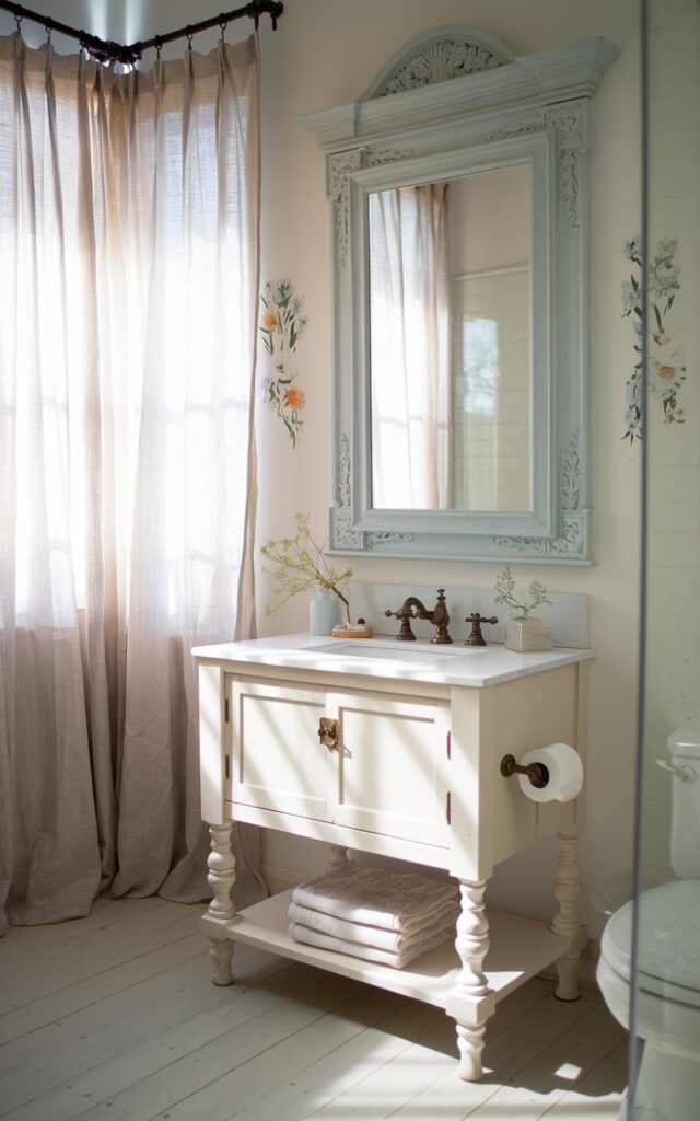 A photo of a Gustavian-style bathroom with a DIY mirror frame painted in soft, muted gray-blue and hand-carved detailing. The mirror hangs above a simple white vanity with turned legs and antique brass hardware. Light filters through sheer linen curtains, illuminating pale wood floors and delicate floral accents. The bathroom also has a toilet, shower area, etc.