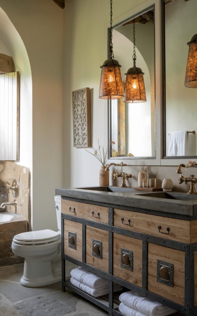 A photo of a Gustavian style bathroom with a vanity having dual sink. TThe vanityis made of wood, natural stone, and metal accents. The bathroom also features a toilet, a bathtub, and warm pendant lighting. The walls are painted white, and there are decorative items on the vanity. The floor is made of stone.