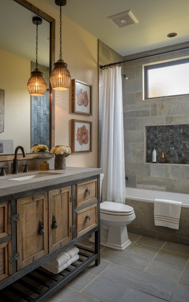 A photo of a Gustavian style bathroom with a vanity having wood, natural stone, and metal accents. The bathroom also has a toilet, bathtub, etc. Warm pendant lighting is hanging above the bathtub. The floor is tiled.