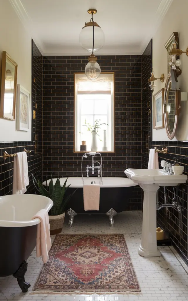 A well-lit Gustavian style bathroom with a fully furnished design. The room features a black subway tile backsplash with gold grout. The bathroom contains a freestanding bathtub, a pedestal sink, and a vintage light fixture. A decorative rug lies on the floor, and a potted plant sits near the sink. The room has a few pieces of artwork hanging on the wall. The overall design is elegant and classic.