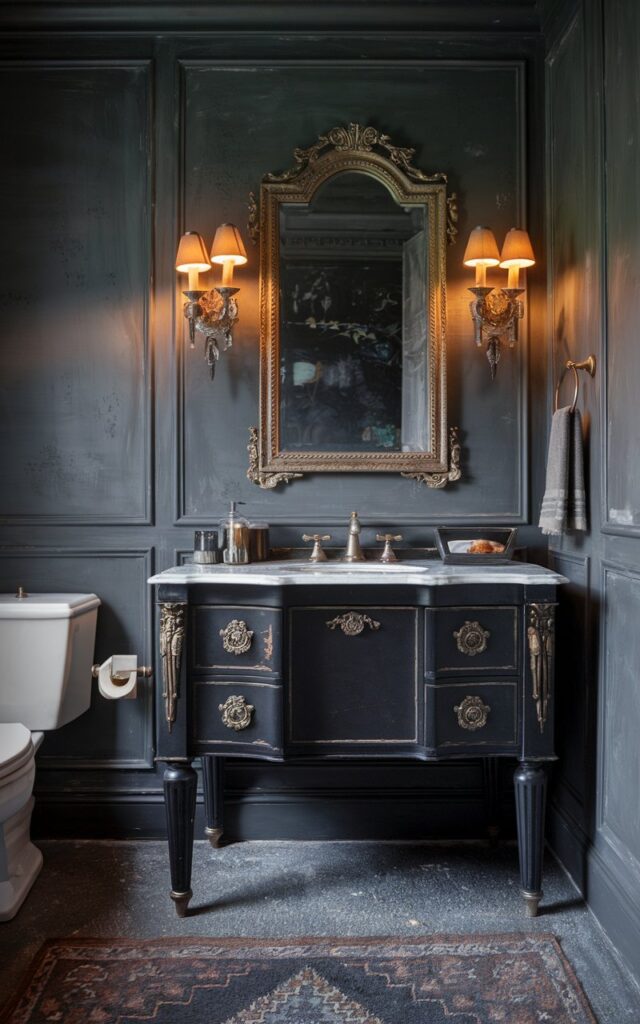A photo of a Gustavian-style moody bathroom with a dramatic black-painted vanity. The vanity has ornate gold hardware, fluted legs, and a white marble top. It is set against muted charcoal walls with distressed paneling. Wall sconces with warm light on either side of the antique gilded mirror provide warm lighting. The bathroom also has a toilet and a patterned floor rug.