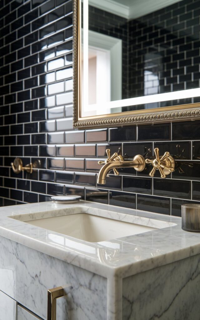 A photo of a Hollywood glam bathroom with a sleek, marble-topped vanity and a wall-mounted gold faucet. The wall behind the vanity features a glossy, high-contrast black tile. A large, backlit mirror with a metallic frame adds drama. The vanity and bathroom are fully furnished. The photo focuses on a close view of the wall-mounted faucet.